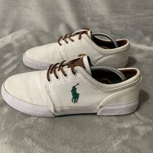 Polo Ralph Lauren Faxon Low Mens 9.5 D White Canvas Sneakers Green Pony Flaw